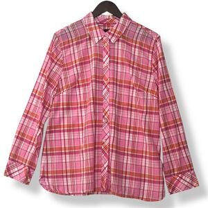 Talbots XL Blouse Pink Orange Plaid 100% Cotton Button Up Lightweight Preppy
